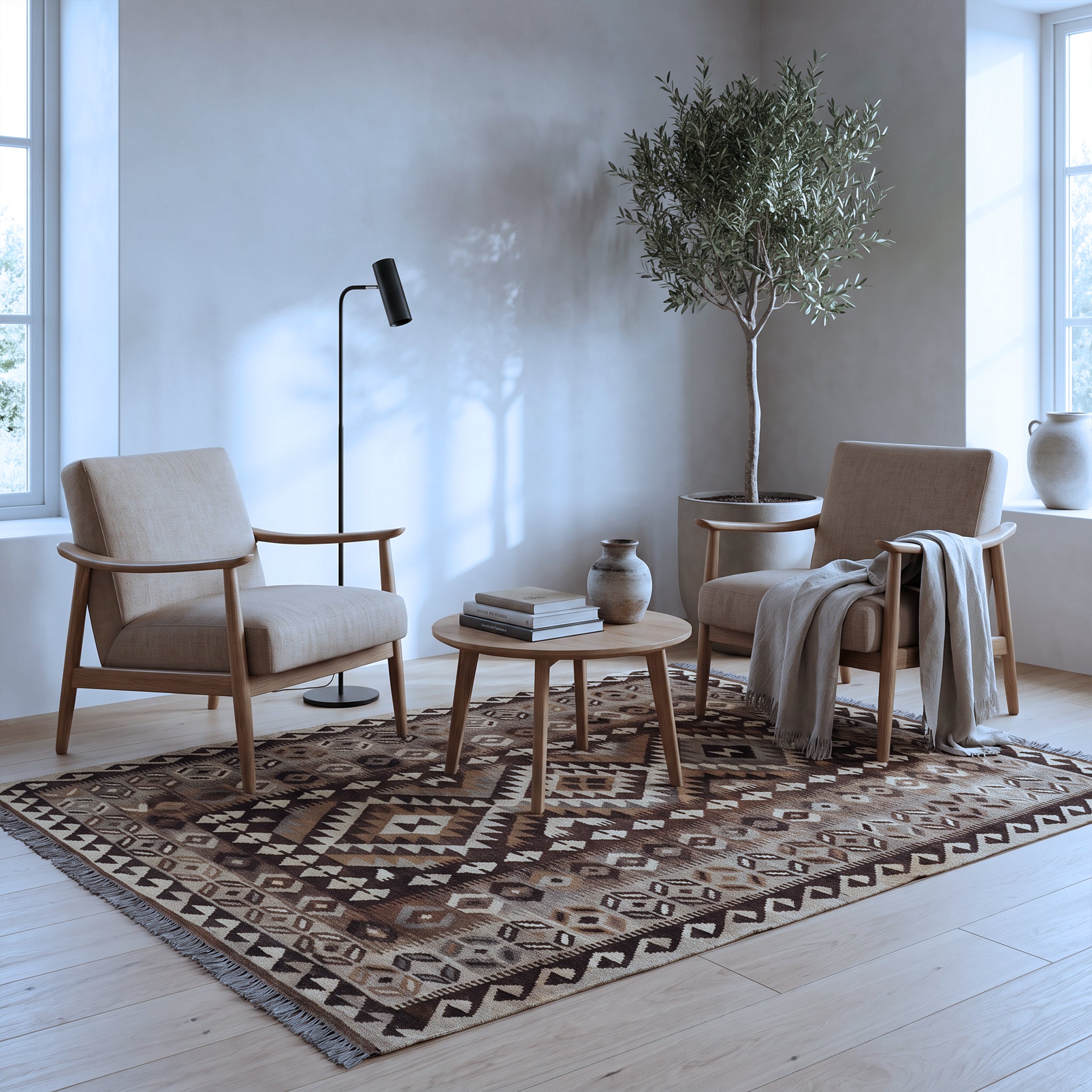 Brown & Beige Tribal Geometric Kilim Rug Design 209 × 150 cm