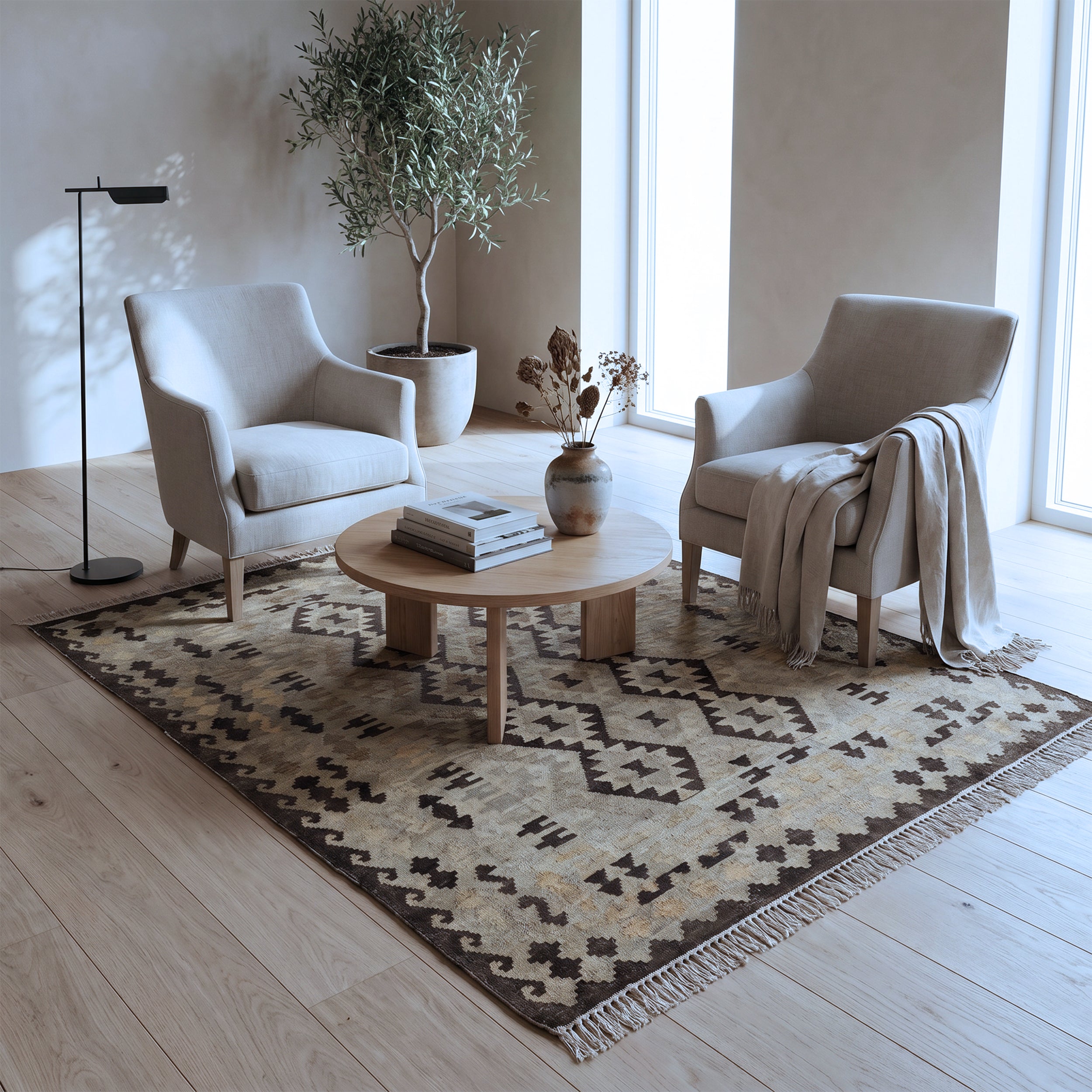 Brown & Beige Tribal Diamond Kilim Rug Design 201 × 155 cm