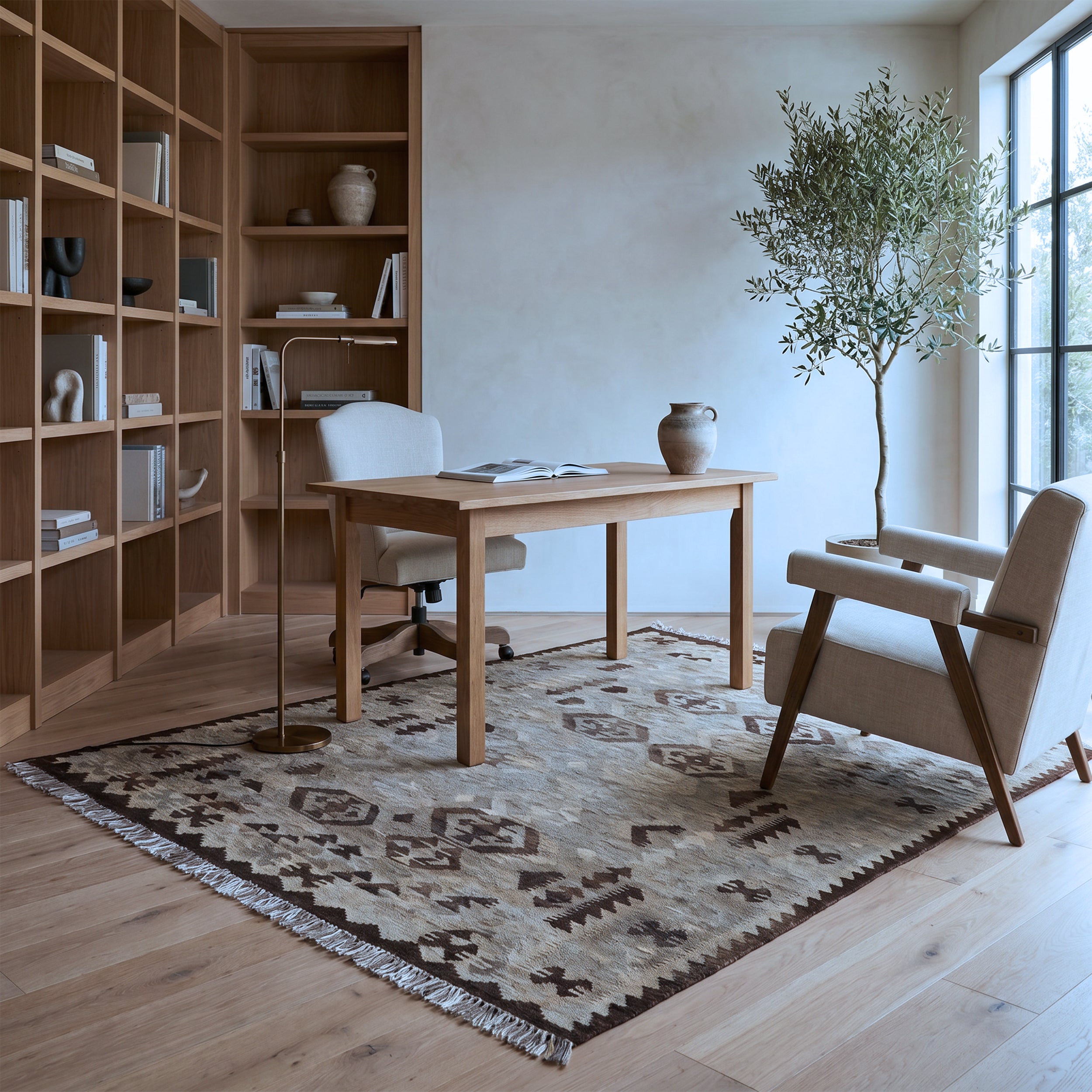 Taupe & Brown Tribal Geometric Kilim Rug Design 203 × 160 cm
