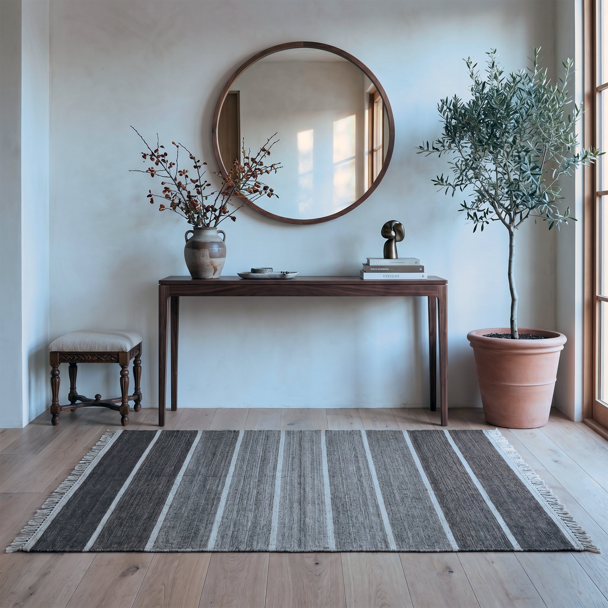 Grey & Ivory Contemporary Striped Kilim Rug Design 99 × 151 cm