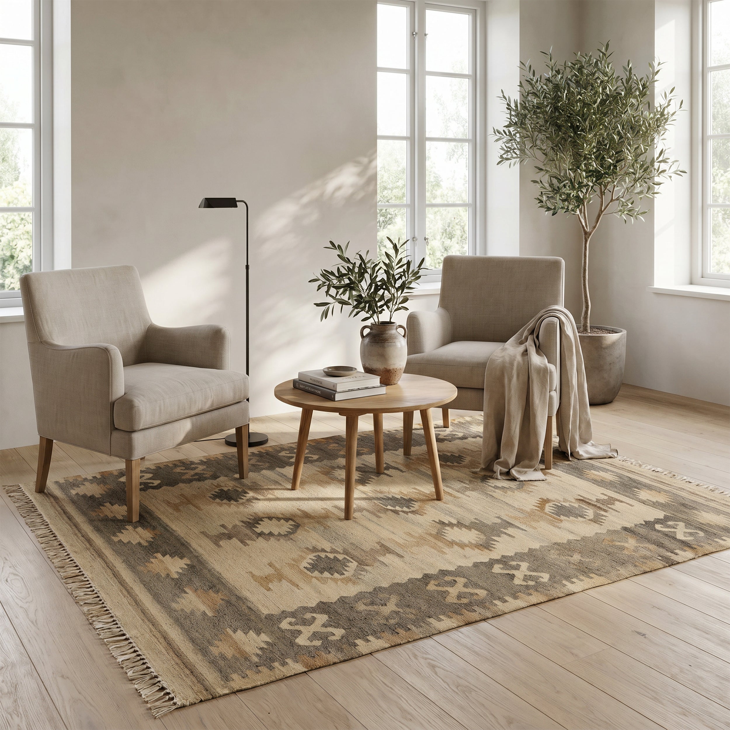 Taupe, Ivory & Brown Tribal Geometric Kilim Rug Design 150 × 200 cm