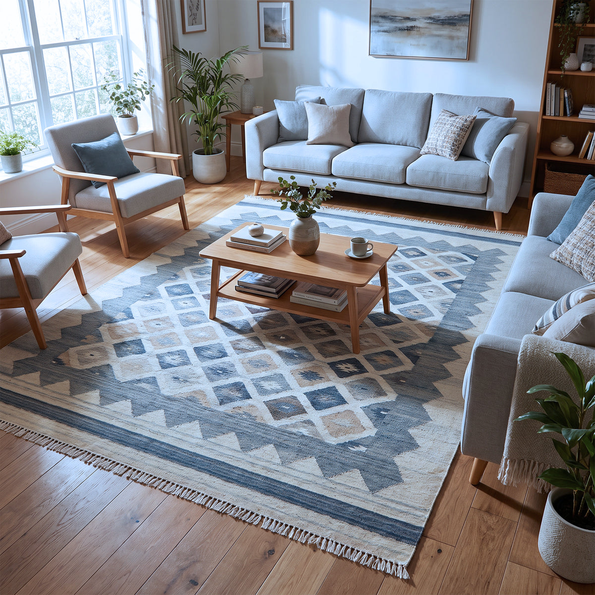Grey & Beige Diamond Lattice Kilim Rug Design 200 × 300 cm