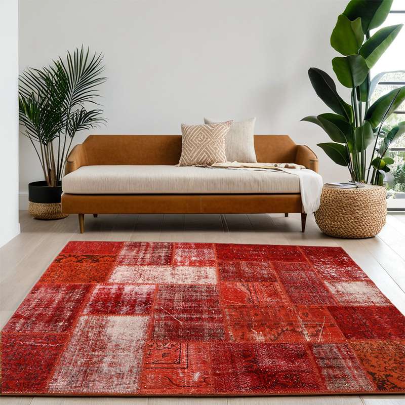 Red Hand-Knotted Modern Patchwork Collage Rug 235 × 190 cm