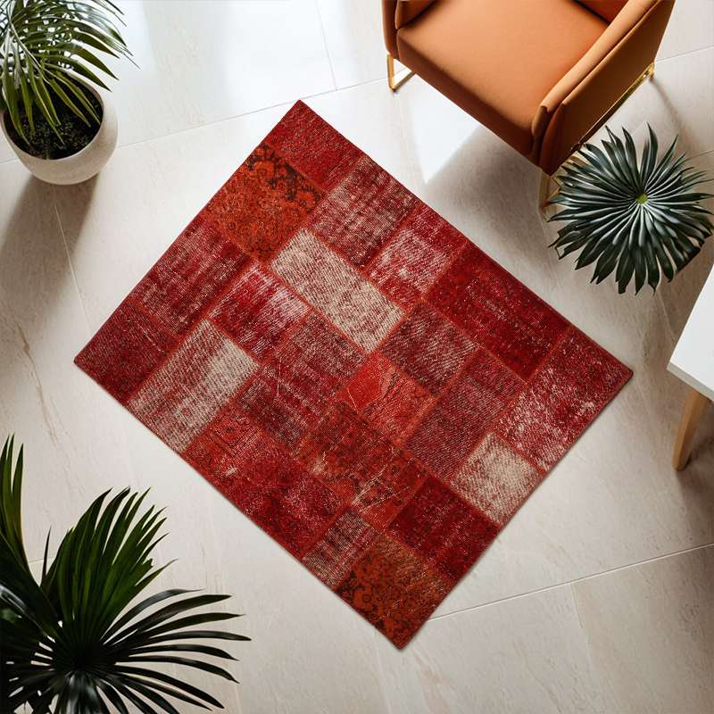 Red Hand-Knotted Modern Patchwork Collage Rug 235 × 190 cm