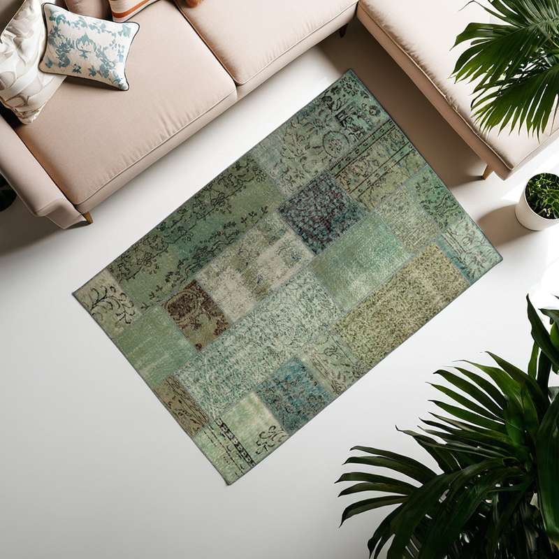 Turquoise Hand-Knotted Modern Patchwork Collage Rug 233 × 161 cm