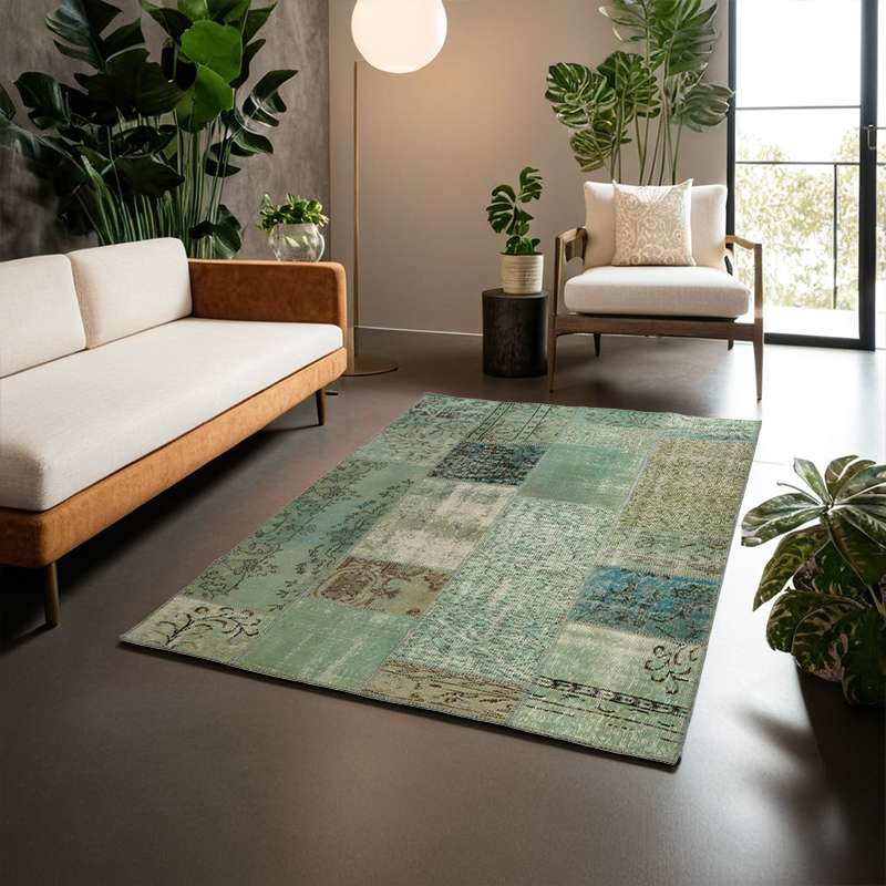 Turquoise Hand-Knotted Modern Patchwork Collage Rug 233 × 161 cm