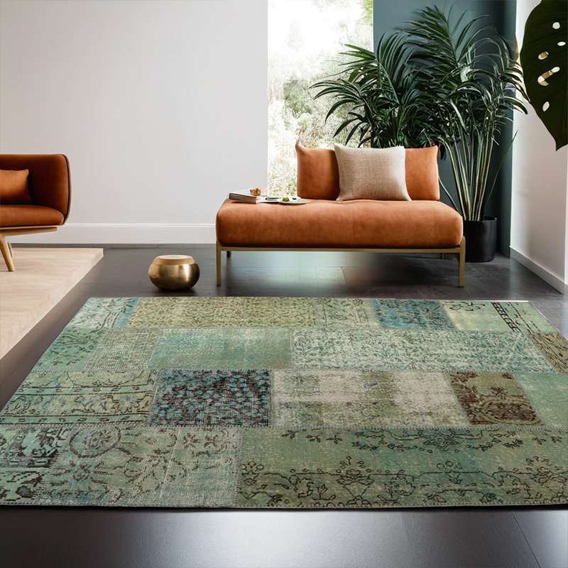 Turquoise Hand-Knotted Modern Patchwork Collage Rug 233 × 161 cm