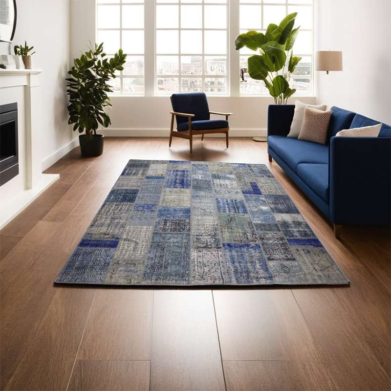 Blue Hand-Knotted Patchwork Collage Rug 302 × 252 cm