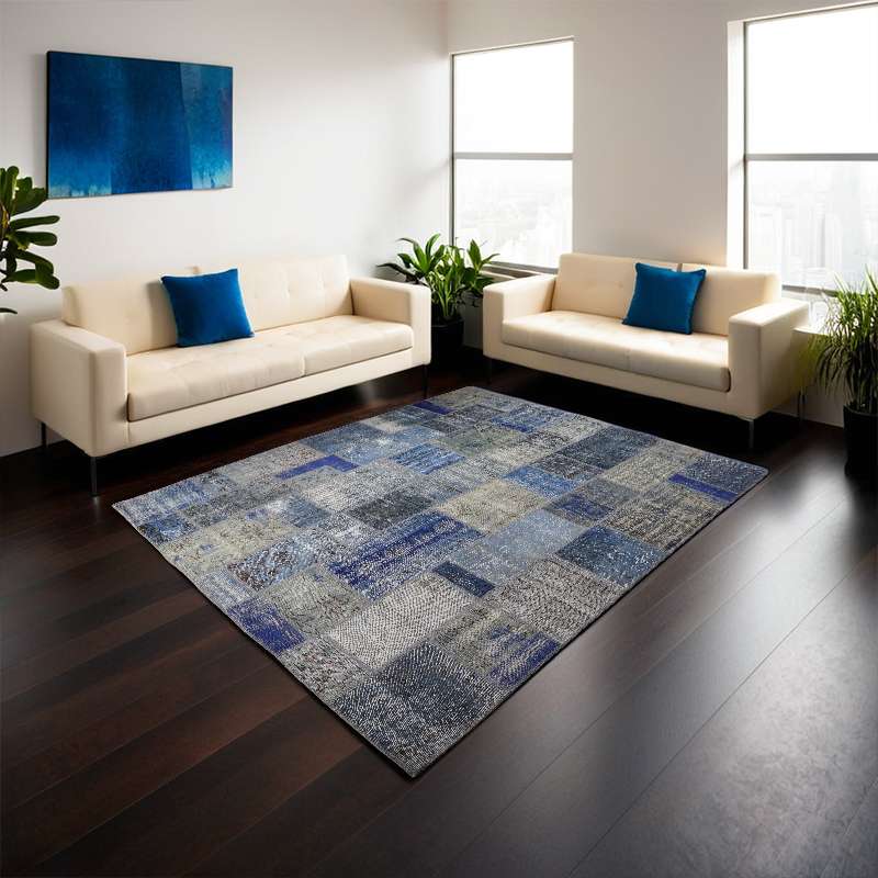 Blue Hand-Knotted Patchwork Collage Rug 302 × 252 cm