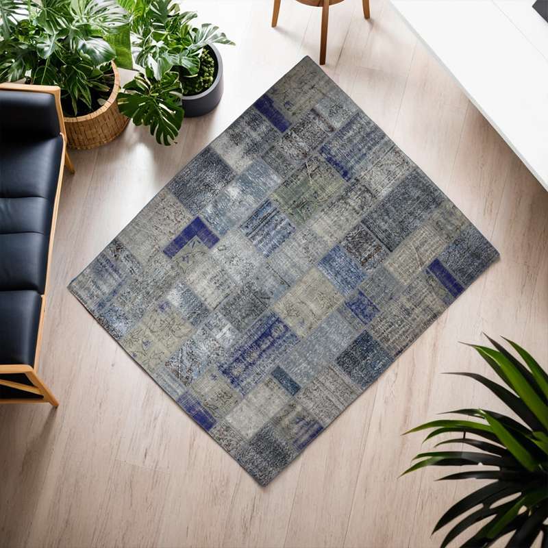 Blue Hand-Knotted Patchwork Collage Rug 302 × 252 cm