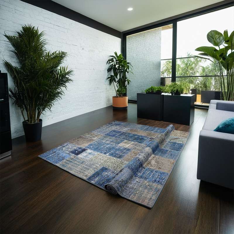 Blue Hand-Knotted Modern Patchwork Collage Rug 402 × 251 cm