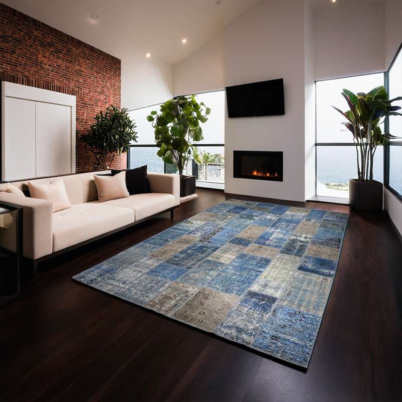 Blue Hand-Knotted Modern Patchwork Collage Rug 402 × 251 cm