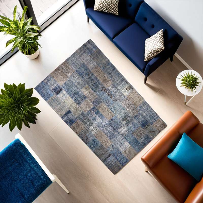 Blue Hand-Knotted Modern Patchwork Collage Rug 402 × 251 cm