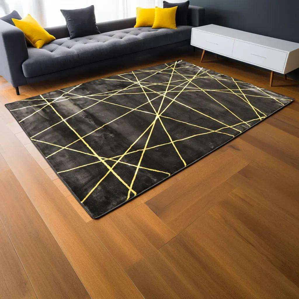 Modern Black Rug With Yellow Line Design 230 × 160 cm