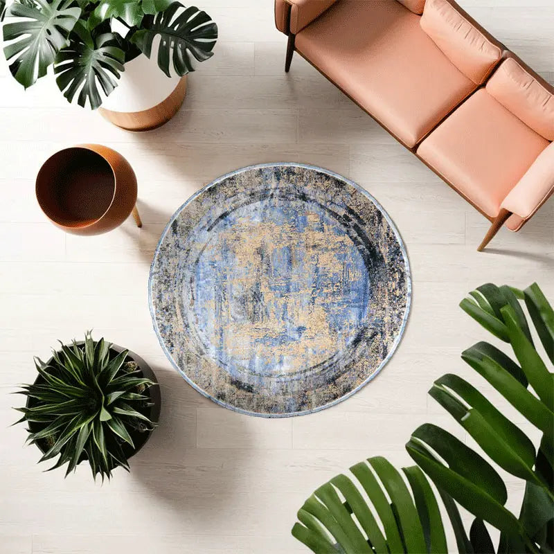 Royal Blue & Grey Part Silk Modern Round Rug 300 × 300 cm