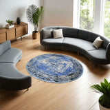Royal Blue & Grey Part Silk Modern Round Rug 300 × 300 cm