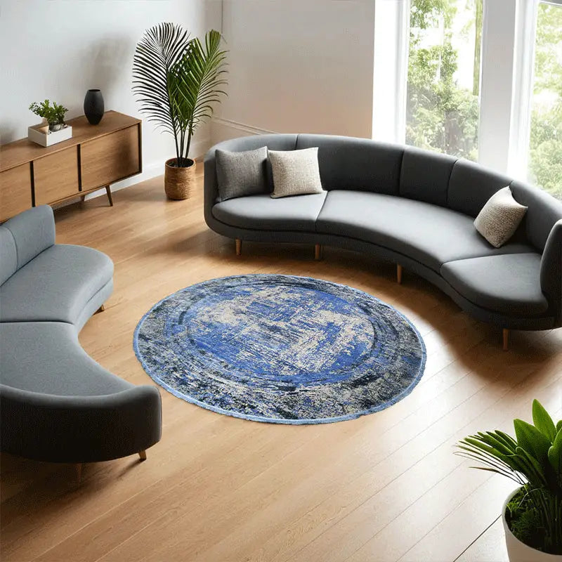Royal Blue & Grey Part Silk Modern Round Rug 300 × 300 cm