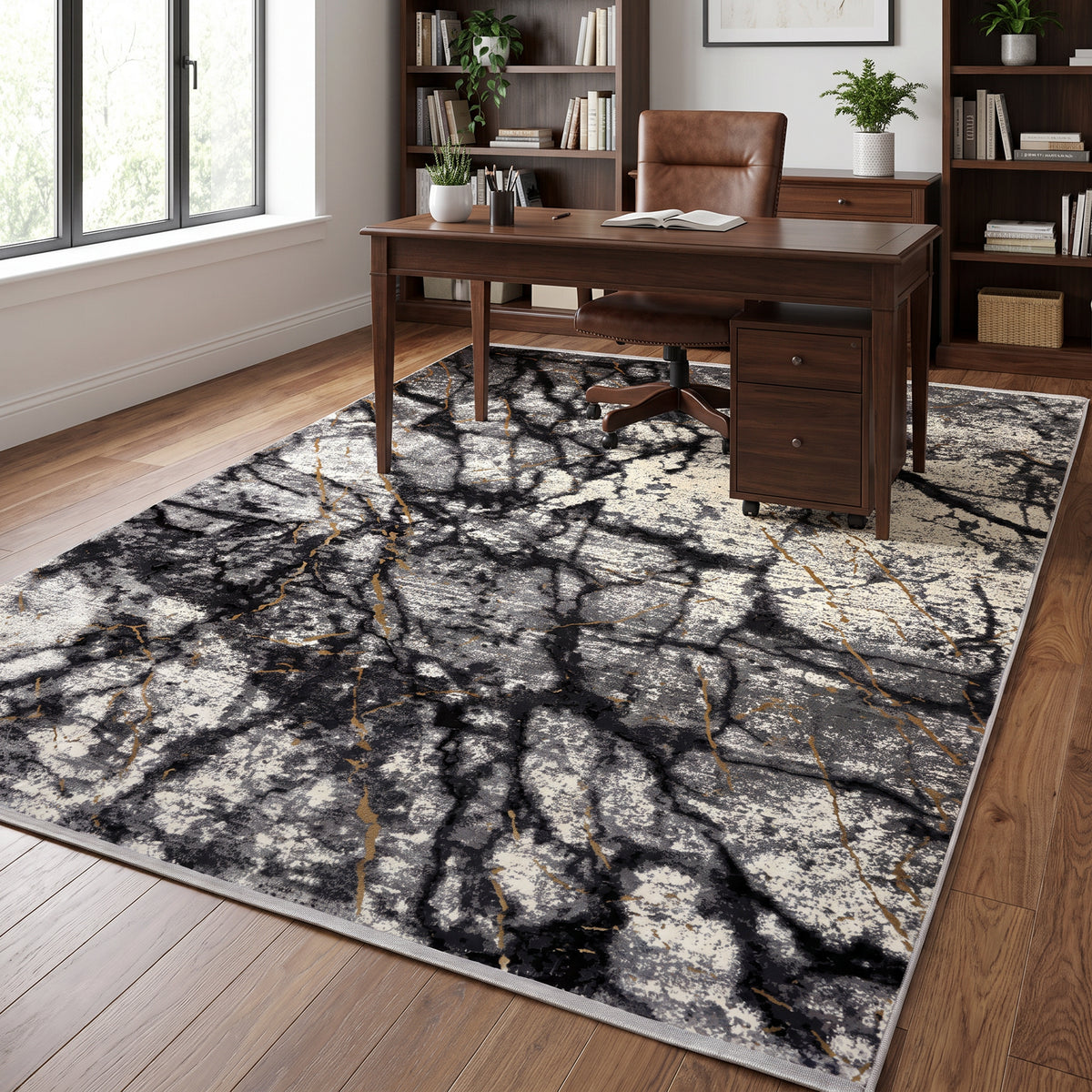 Grey, Black & Gold Abstract Marble Rug Design 290x200cm - photo 3