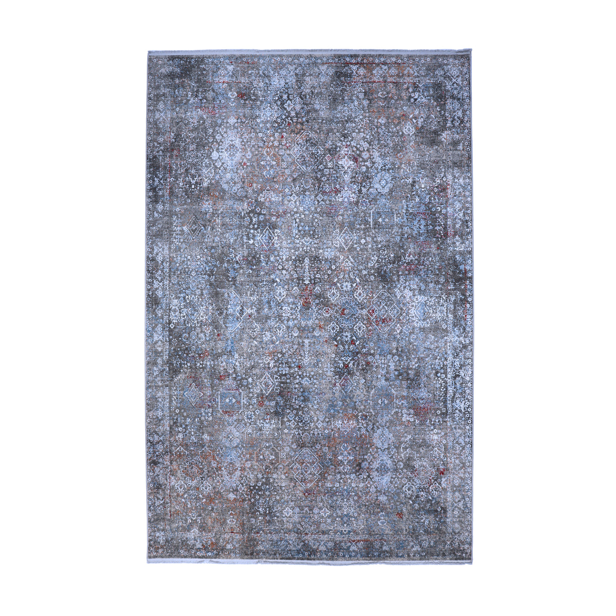 Taupe Grey, Blue & Rust Distressed Tribal Rug Design 290x200cm