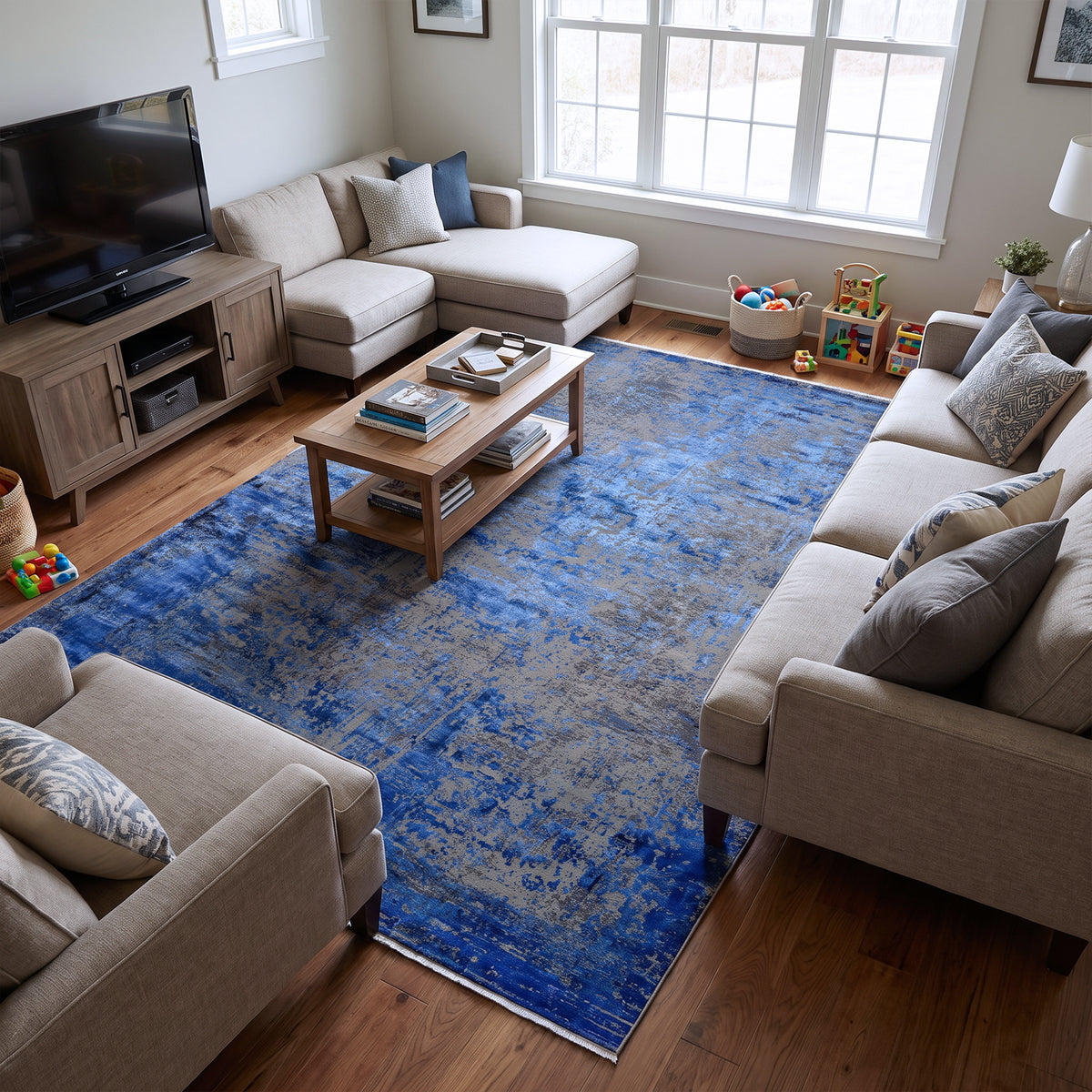 Blue & Grey Abstract Distressed Rug Design 290x200cm - photo 3