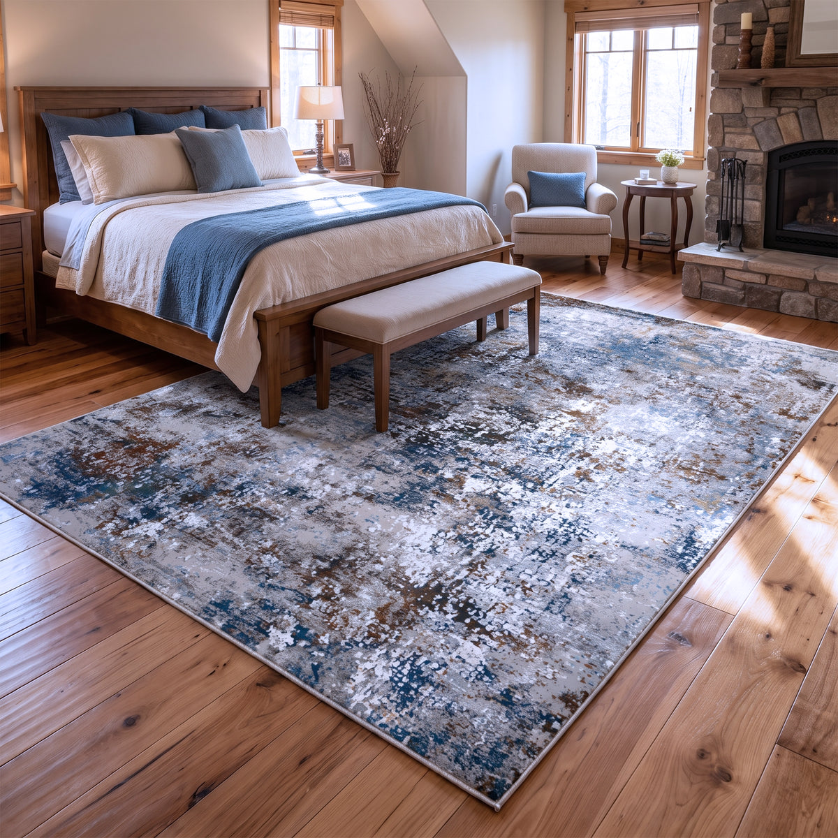 Blue, Grey & Rust Abstract Distressed Rug Design 290 × 200 cm