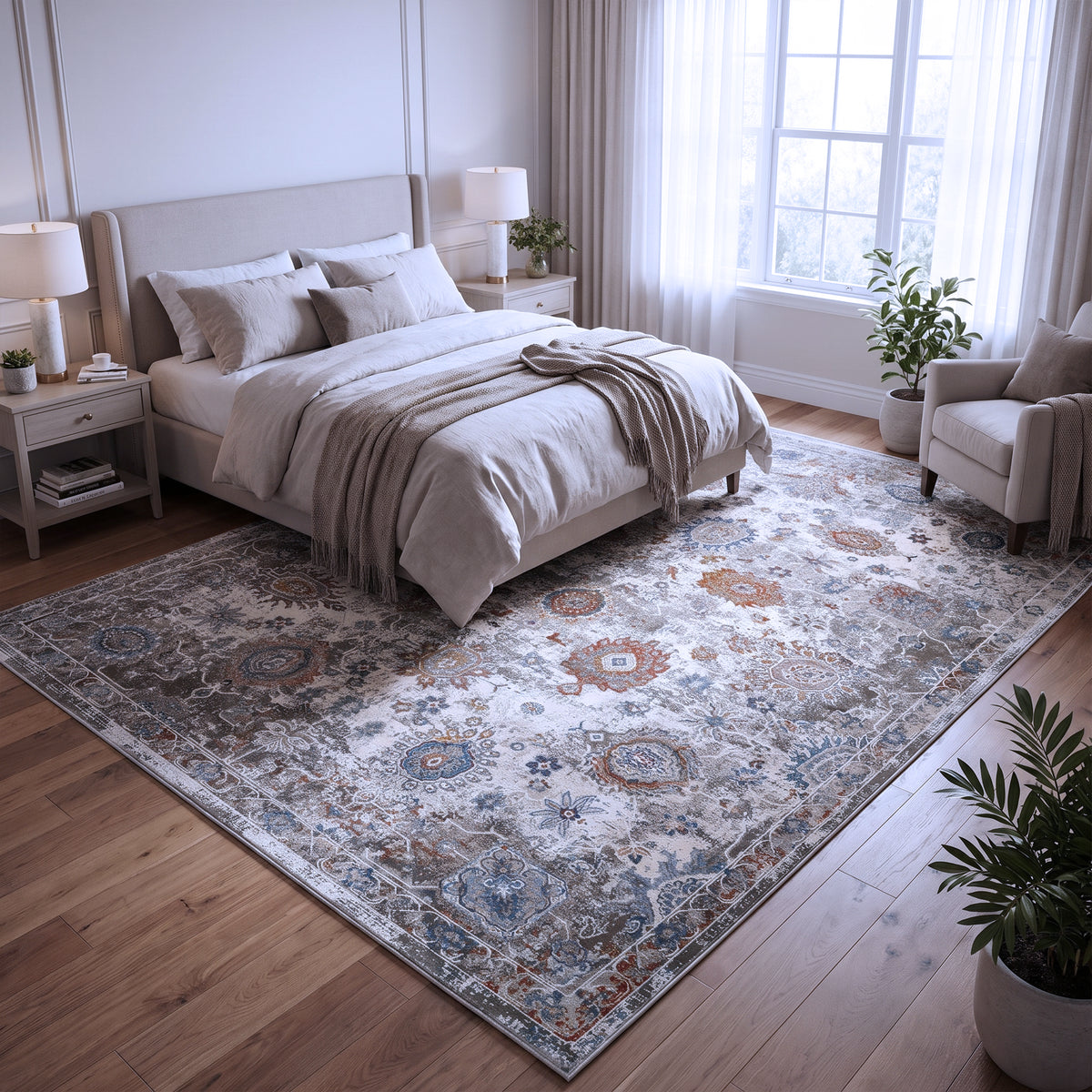 Ivory, Blue & Rust Distressed Persian-Inspired Rug Design 290x200cm - photo 4
