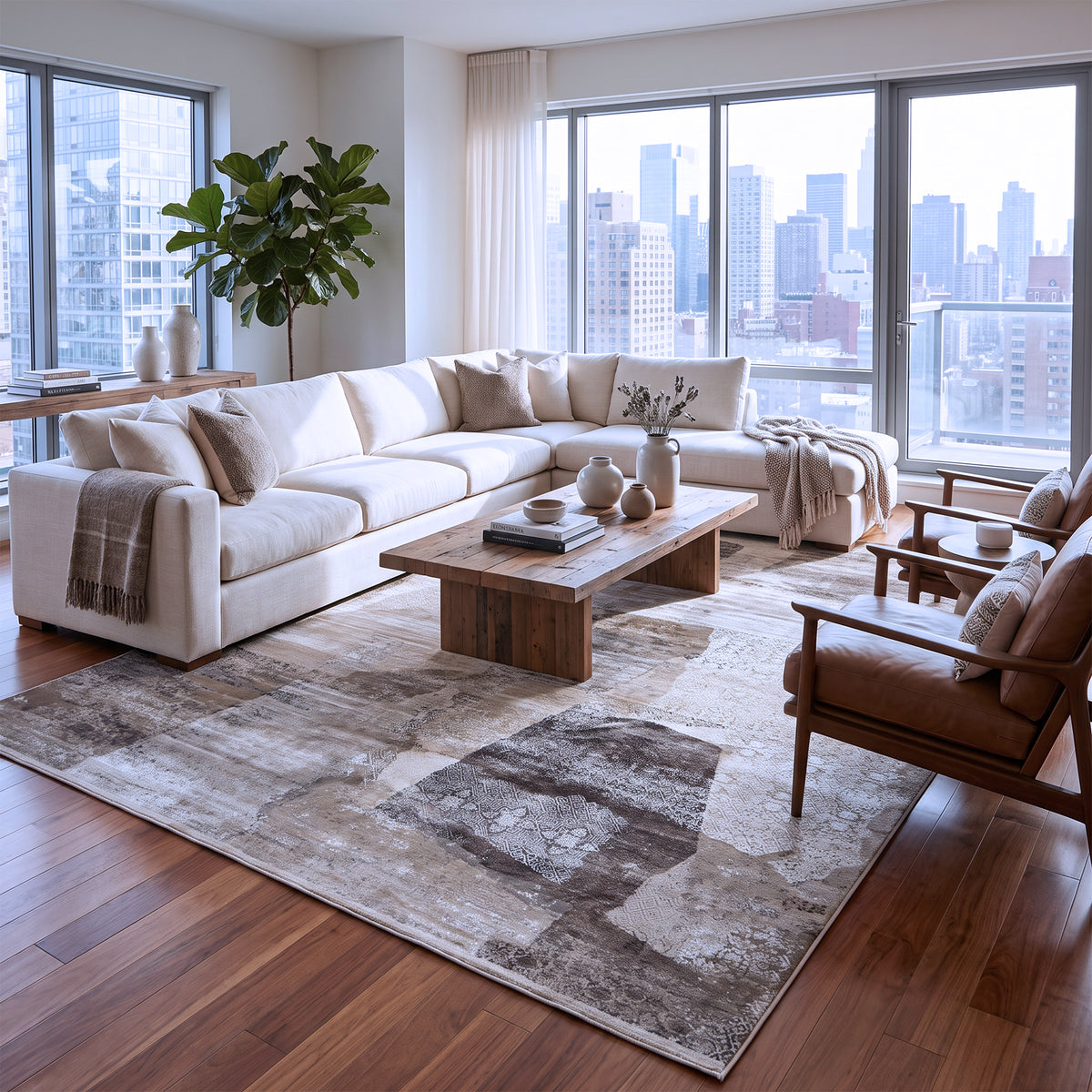 Taupe, Ivory & Charcoal Abstract Rug Design 290 × 200 cm