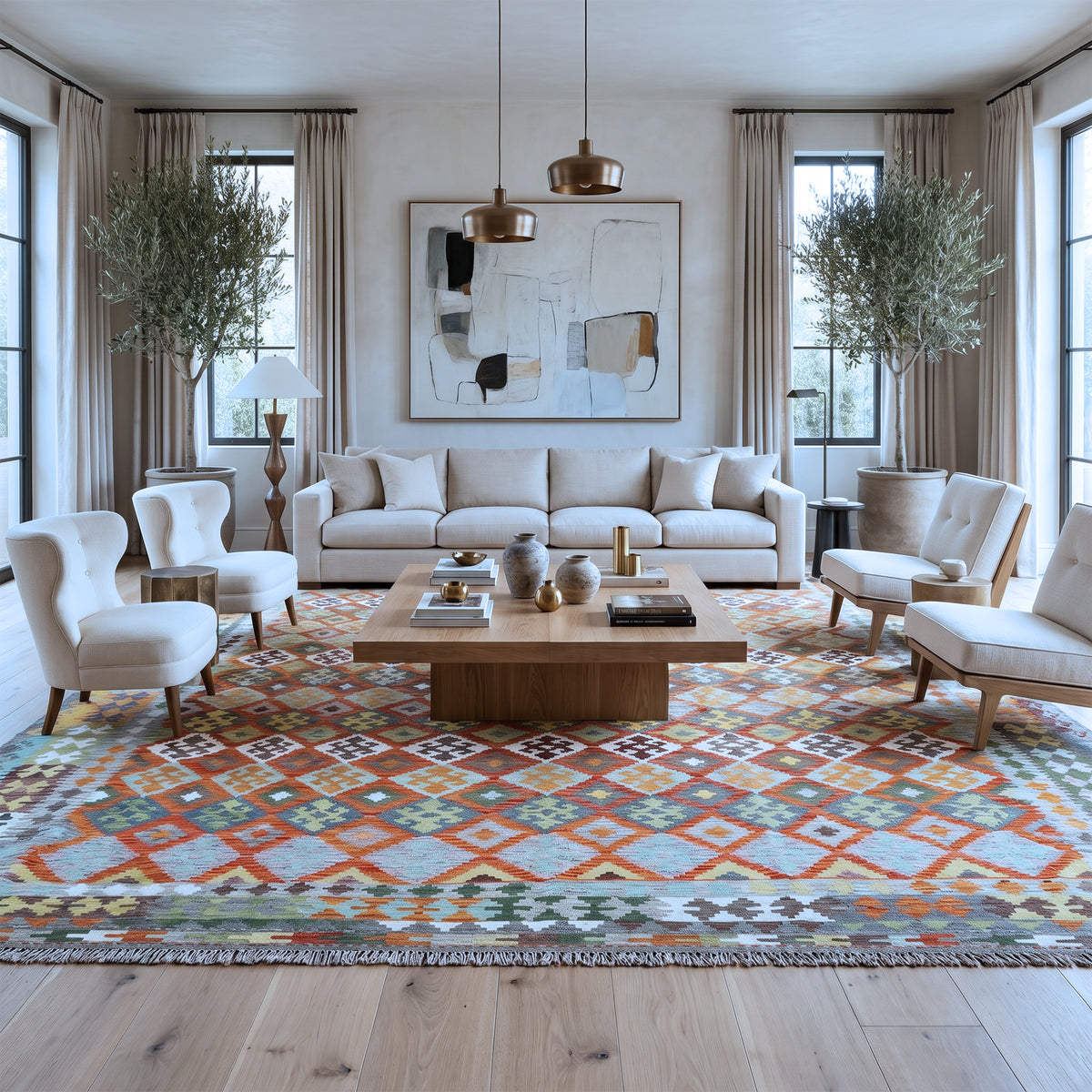 Blue & Multi-Coloured Tribal Diamond Kilim Rug Design 490 × 308 cm