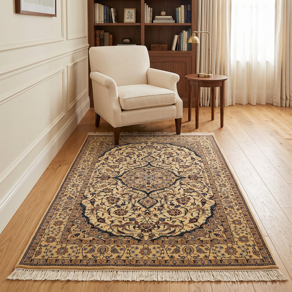 Cream & Navy Blue Persian Floral Medallion Nain Rug 229 × 154 cm