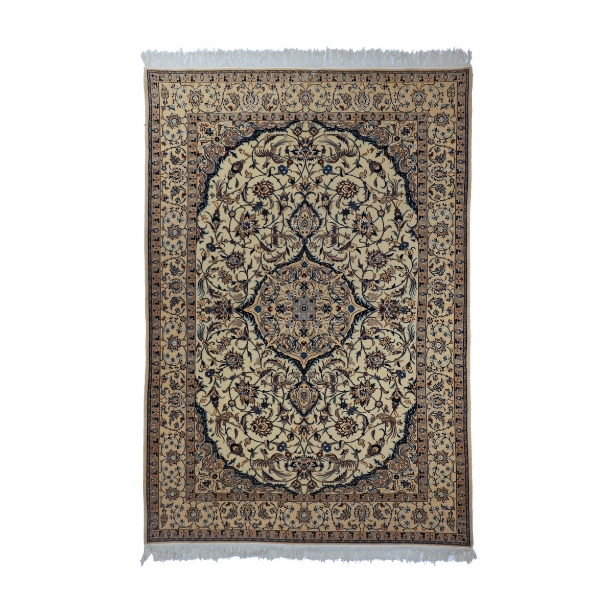Cream & Navy Blue Persian Floral Medallion Nain Rug 229 × 154 cm