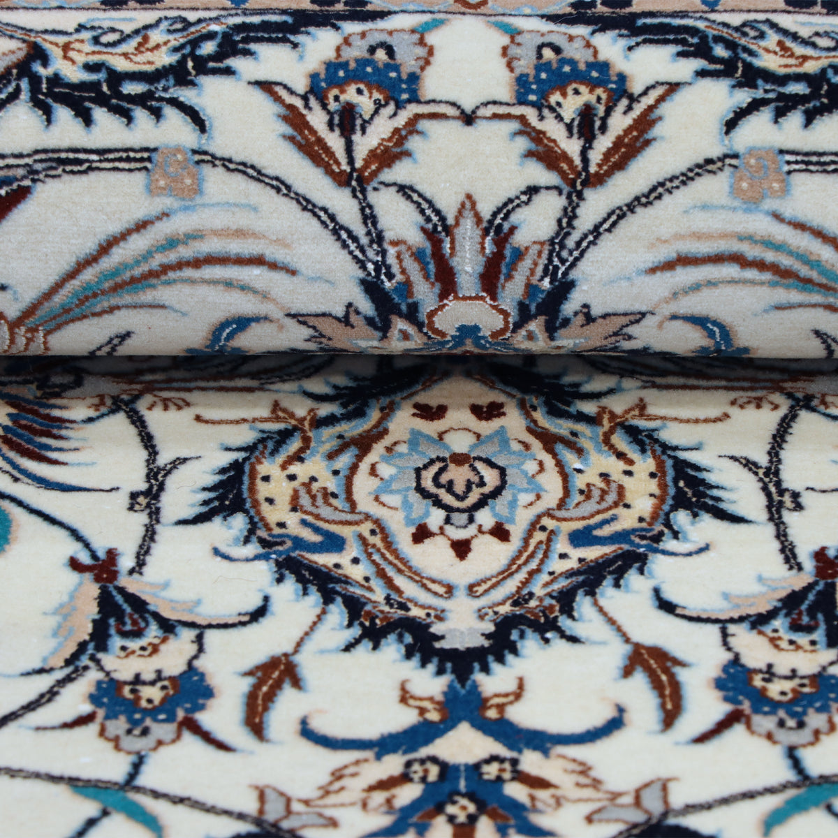 Cream & Navy Blue Persian Floral Medallion Nain Rug 229 × 154 cm