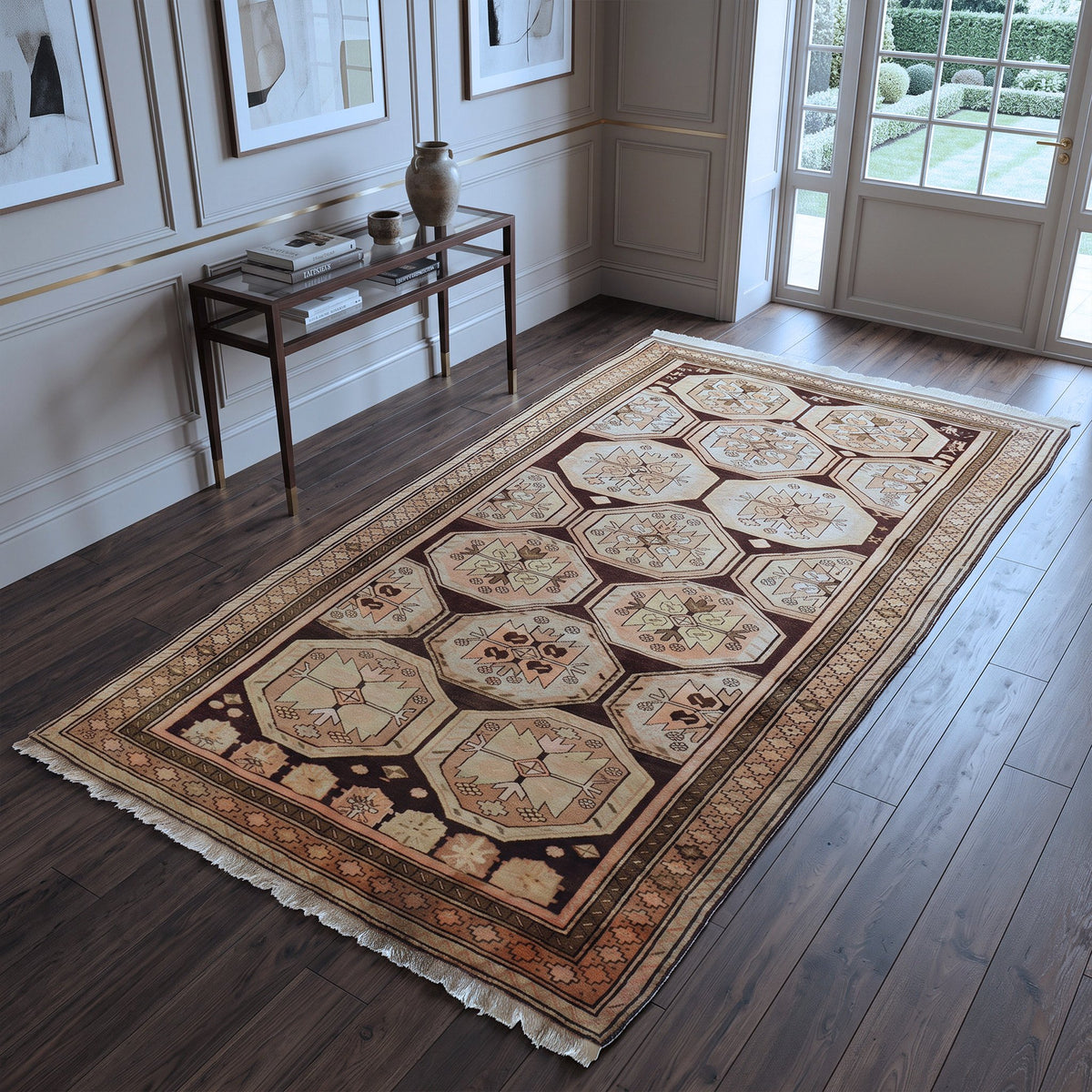 Beige, Brown & Peach Caucasian Geometric Floral Medallion Rug 300 × 150 cm - photo 3