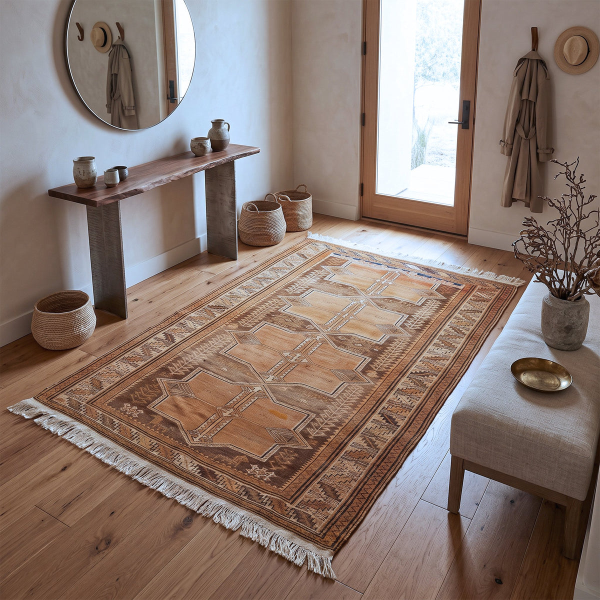 Tan, Brown & Cream Vintage Shirwan Tribal Geometric Medallion Rug 198 × 125 cm - photo 2