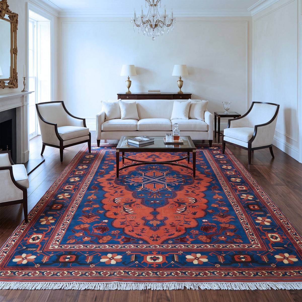 Rust, Navy & Cream Uzbek Floral Medallion Rug 335 × 254 cm - photo 2