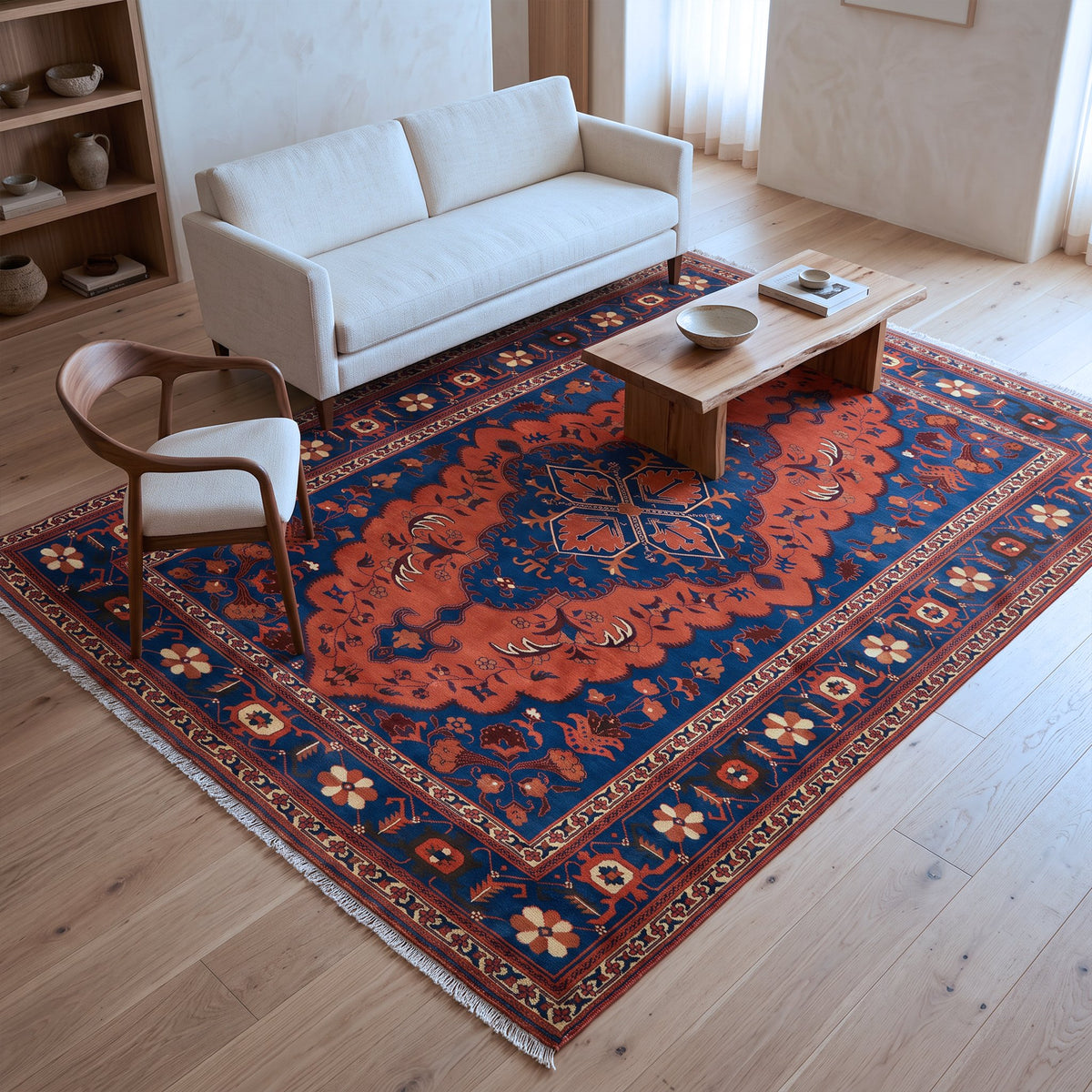 Rust, Navy & Cream Uzbek Floral Medallion Rug 335 × 254 cm - photo 3