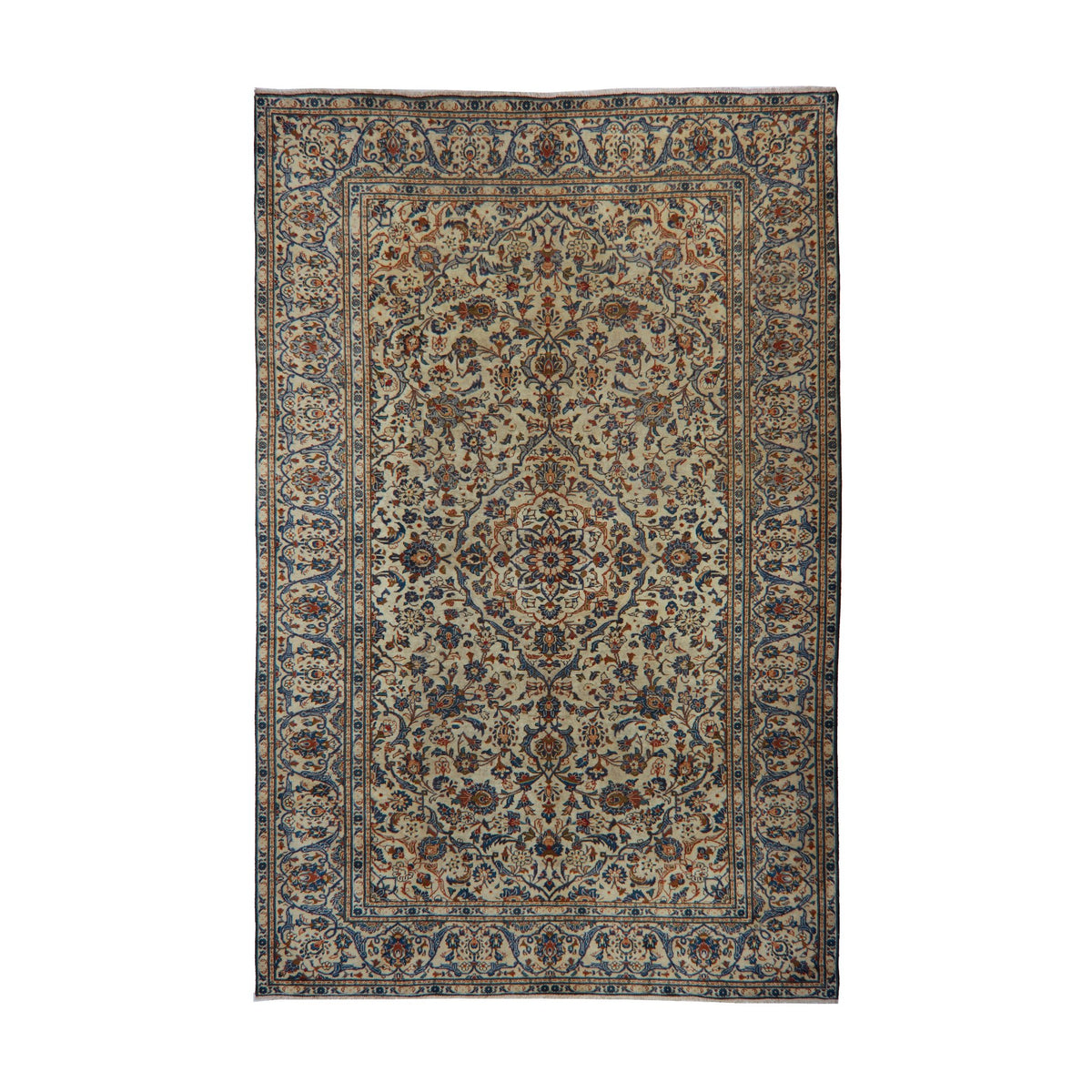 Cream, Blue & Rust Persian Kashan Floral Medallion Rug 351 × 234 cm