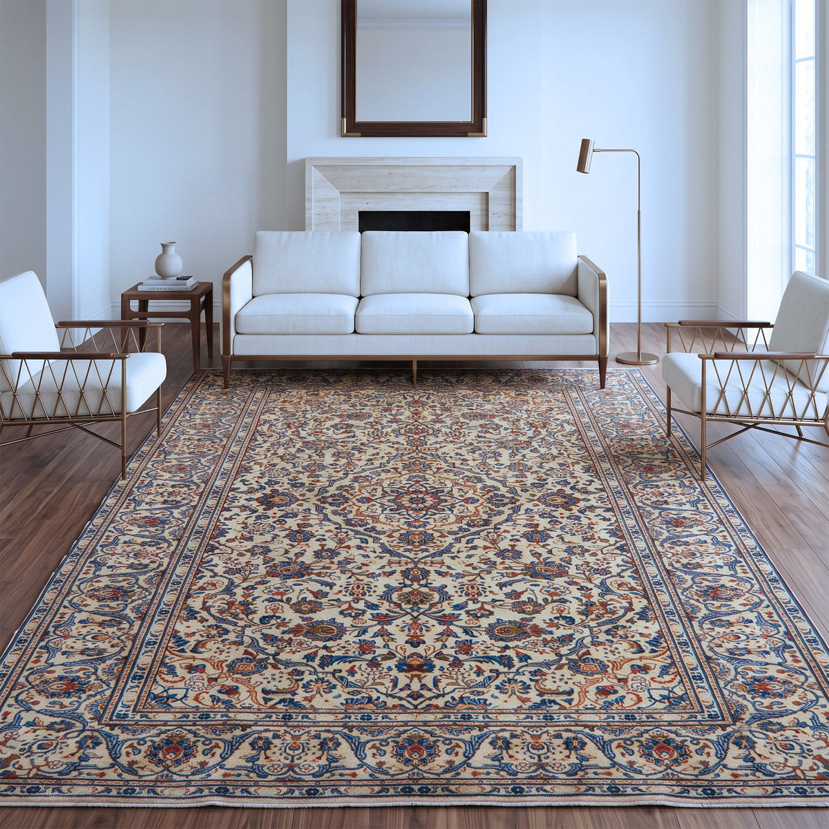 Cream, Blue & Rust Persian Kashan Floral Medallion Rug 351 × 234 cm - photo 2