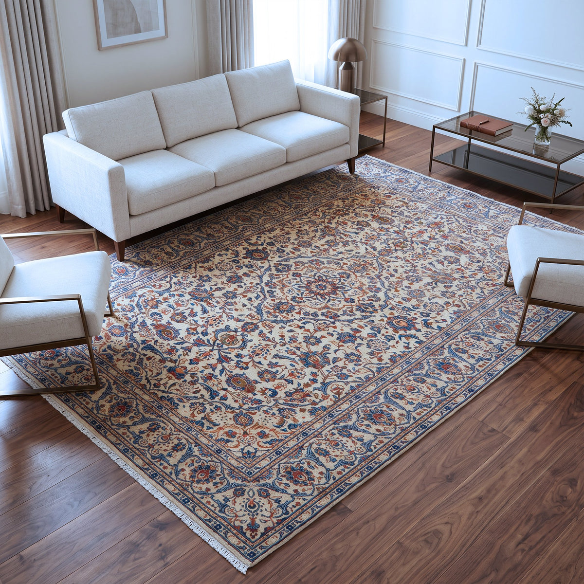 Cream, Blue & Rust Persian Kashan Floral Medallion Rug 351 × 234 cm - photo 3
