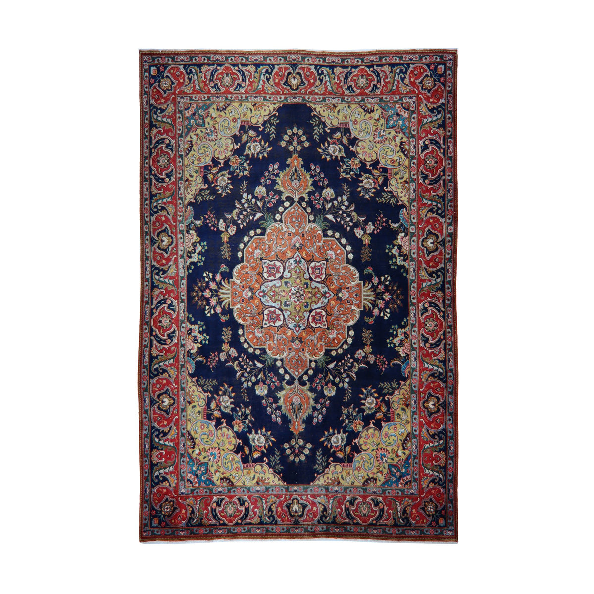 Navy Blue, Red & Orange Persian Tabriz Floral Medallion Rug 388 × 283 cm