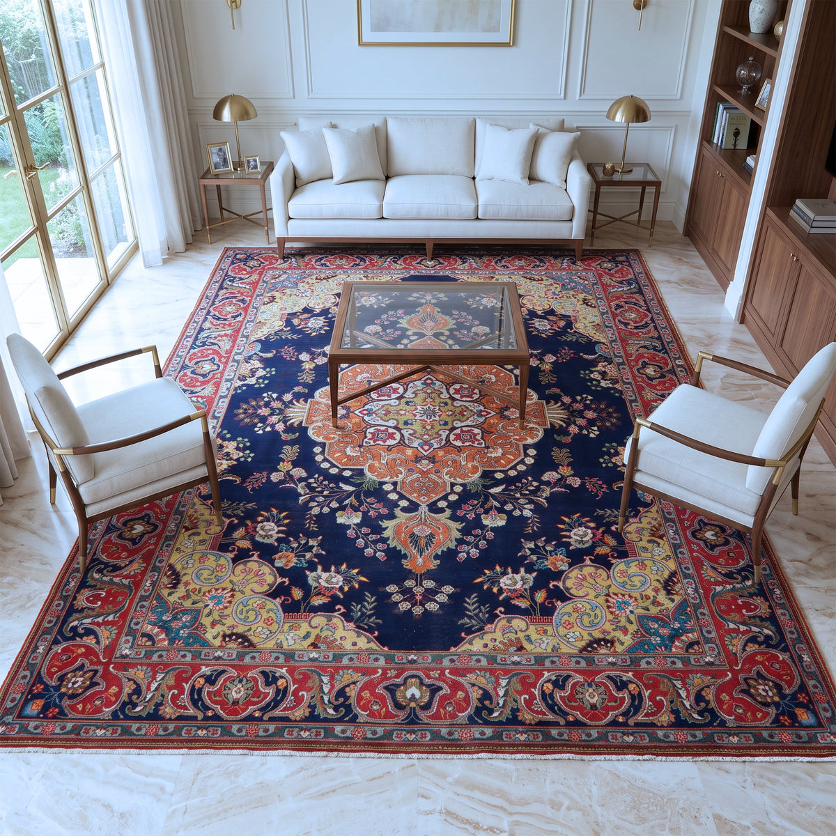 Navy Blue, Red & Orange Persian Tabriz Floral Medallion Rug 388 × 283 cm - photo 2