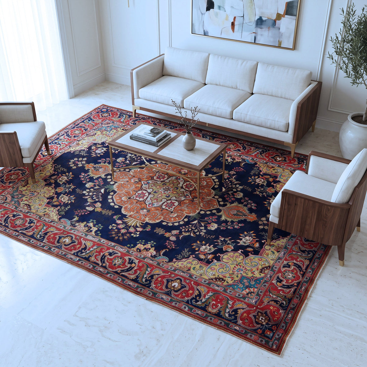 Navy Blue, Red & Orange Persian Tabriz Floral Medallion Rug 388 × 283 cm - photo 3