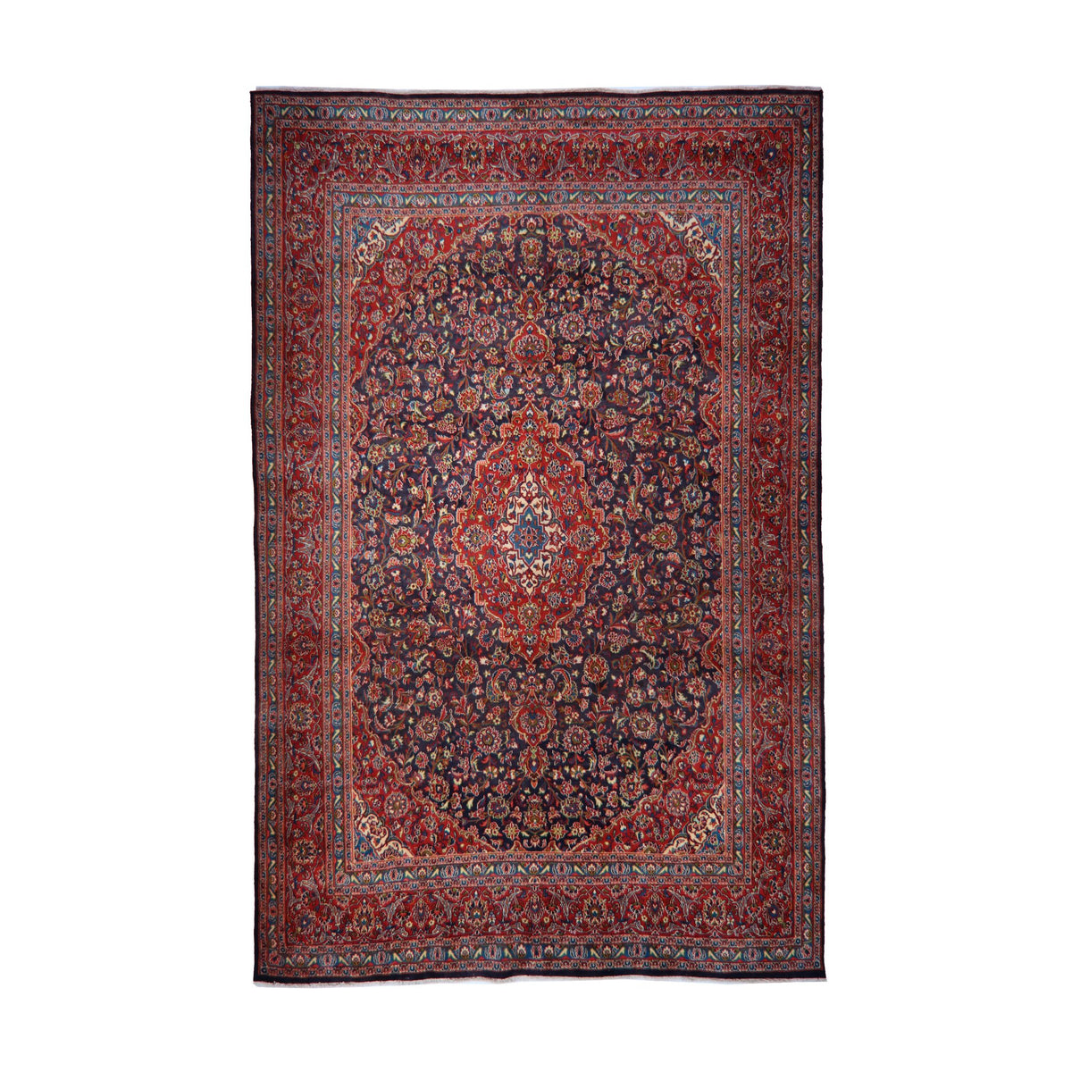 Navy Blue & Red Persian Khorasan Floral Medallion Rug 369 × 292 cm