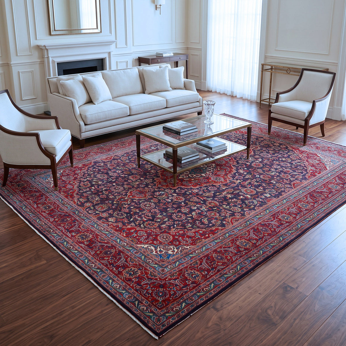Navy Blue & Red Persian Khorasan Floral Medallion Rug 369 × 292 cm - photo 3