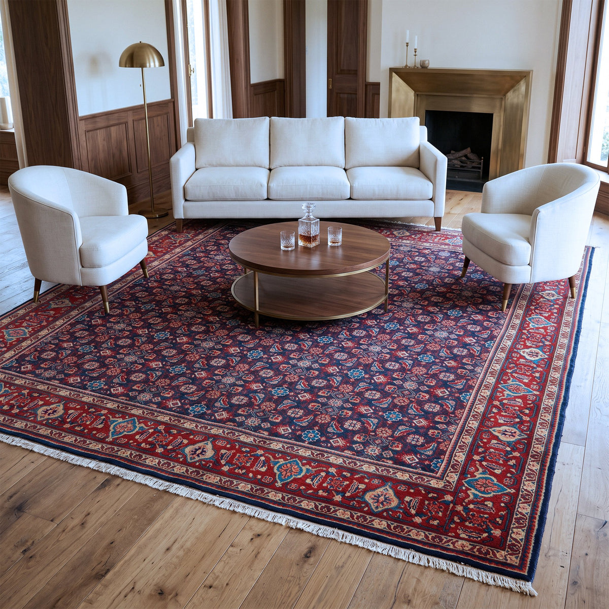 Navy Blue, Red & Cream Persian Mahal All-Over Floral Rug 336 × 293 cm - photo 2