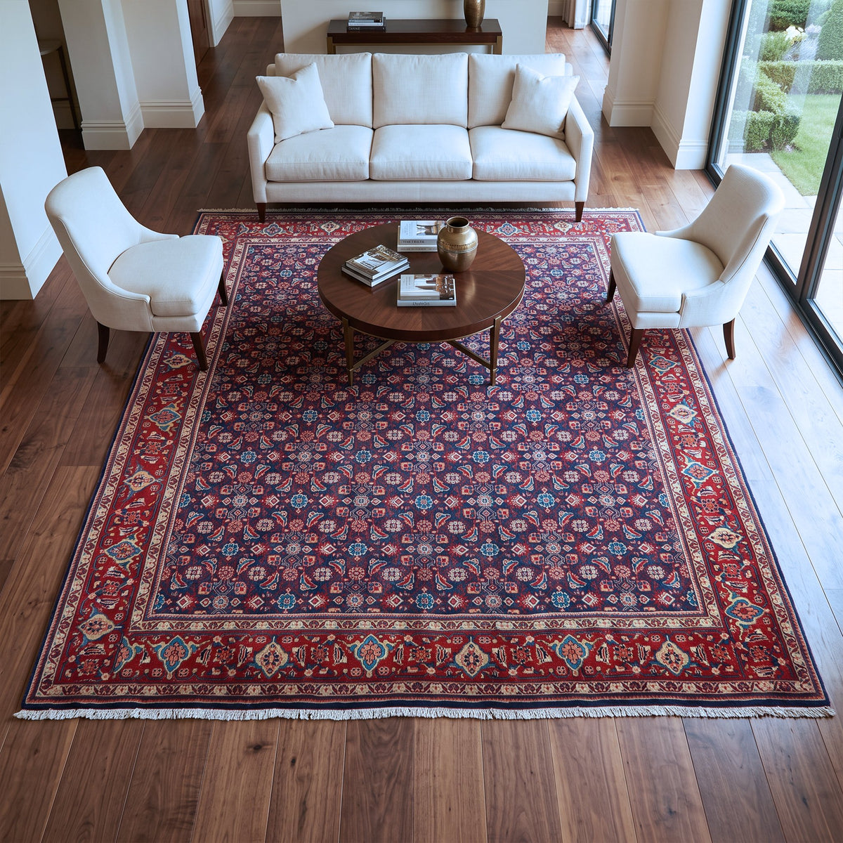 Navy Blue, Red & Cream Persian Mahal All-Over Floral Rug 336 × 293 cm - photo 3