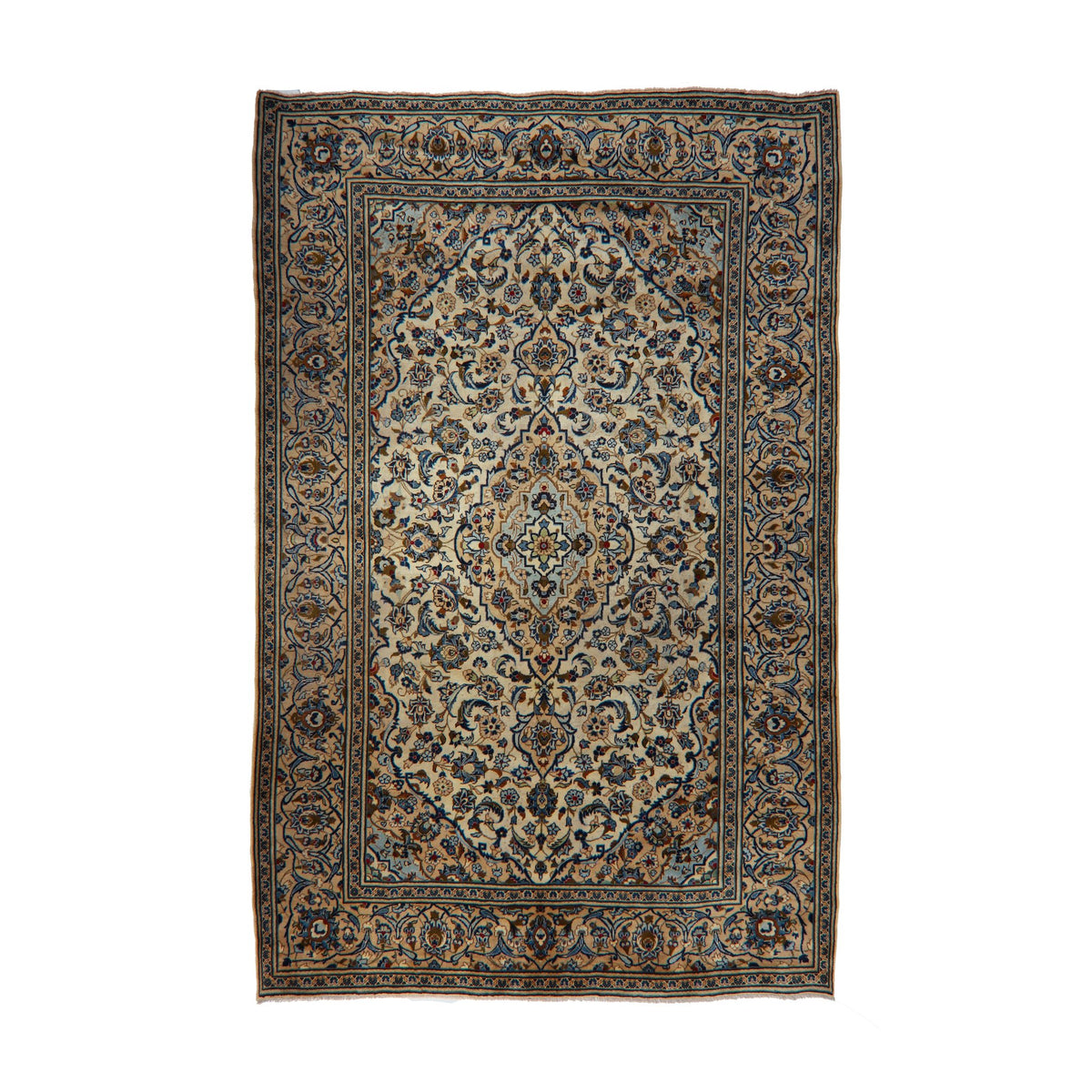 Cream, Navy & Light Blue Persian Kashan Floral Medallion Rug 339 × 245 cm