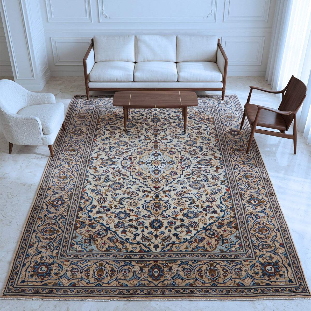 Cream, Navy & Light Blue Persian Kashan Floral Medallion Rug 339 × 245 cm - photo 2