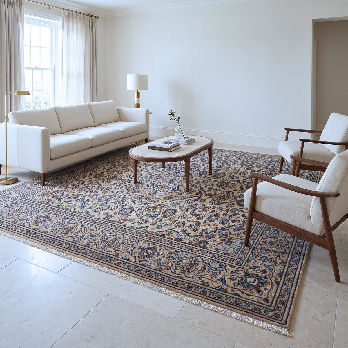 Cream, Navy & Light Blue Persian Kashan Floral Medallion Rug 339 × 245 cm - photo 3