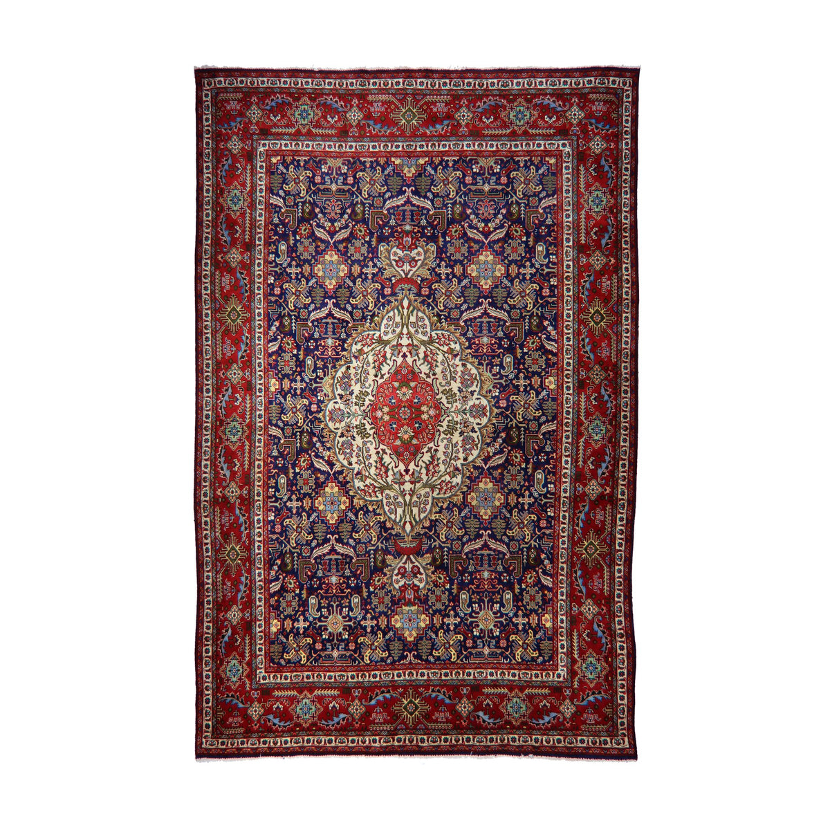 Navy Blue, Red & Cream Persian Tabriz Floral Medallion Rug 399 × 288 cm