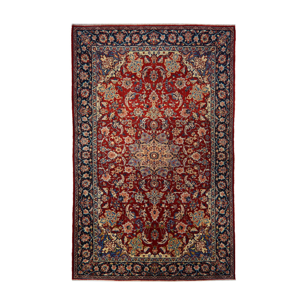 Red, Navy Blue & Cream Persian Najaf Abad Floral Medallion Rug 392 × 248 cm